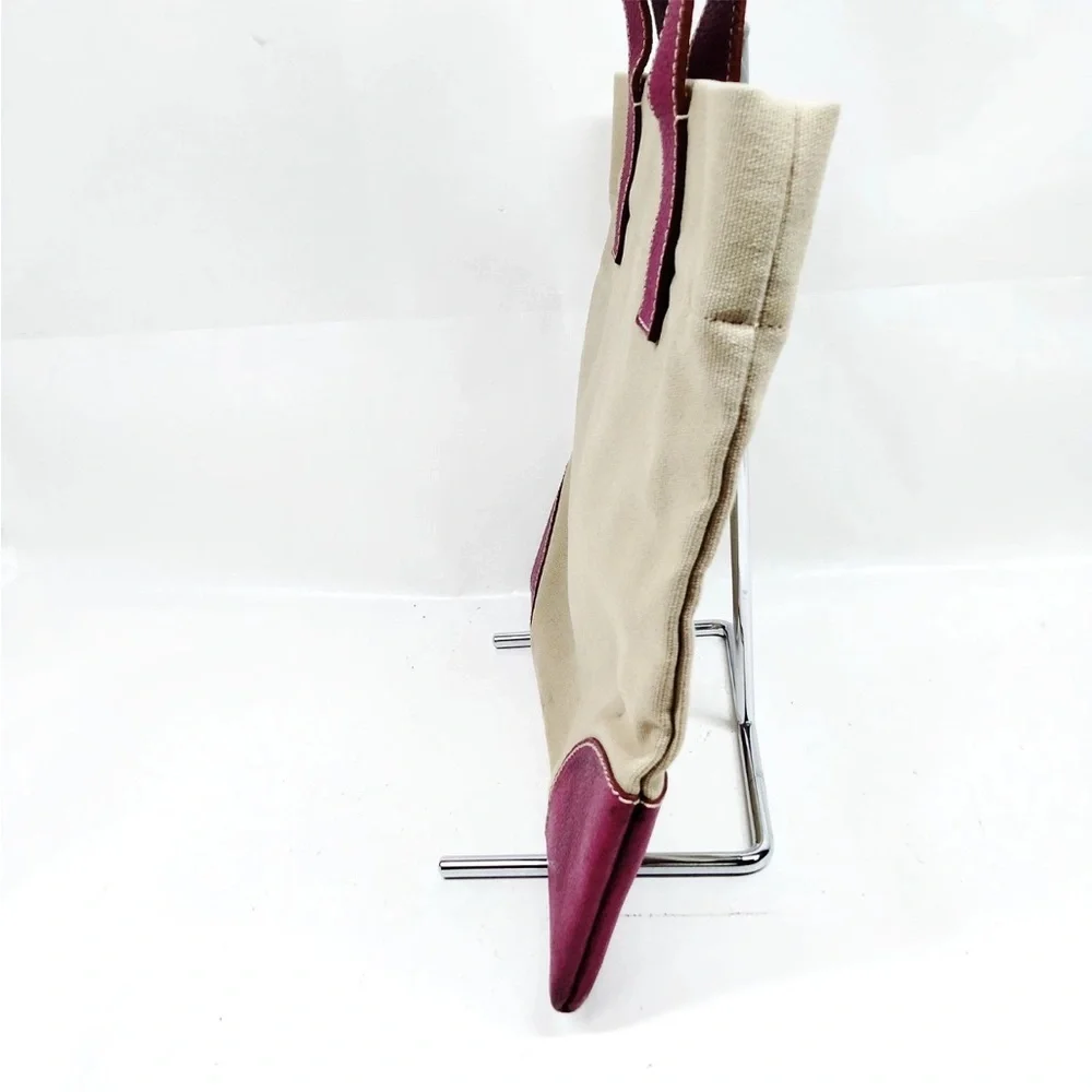 Prada Beige Canvas Tote with Pink Leather Handles and Accents